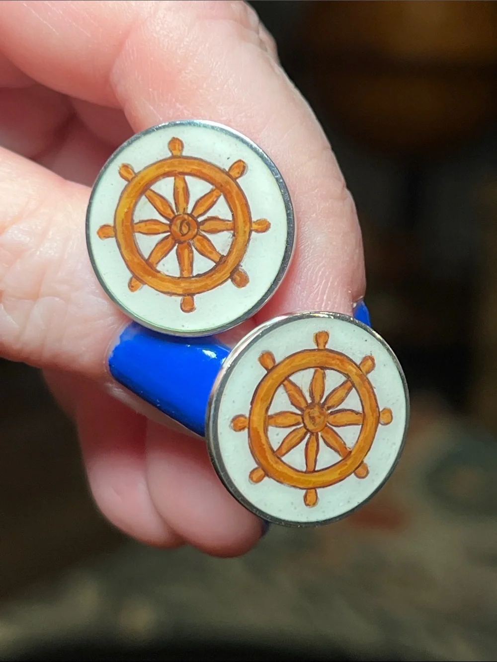 VTG Italian Handpainted Nautical Ship Wheel Enamel Sterling Silver Cufflinks